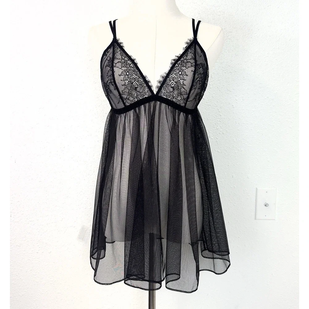 Victoria's Secret Lace Sheer Racerback Babydoll Nightie Lingerie Black Top L